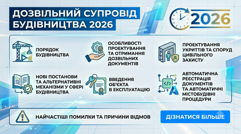 Дозвільний супровід будівництва 2026: Порядок будівництва, Особливості проектування та отримання дозвільних документів, Проектування укриттів та споруд цивільного захисту, Нові постанови та альтернативні механізми у сфері будівництва, Введення об’єкта в експлуатацію, Автоматична реєстрація документів та автоматичні містобудівні процедури, Найчастіші помилки та причини відмов