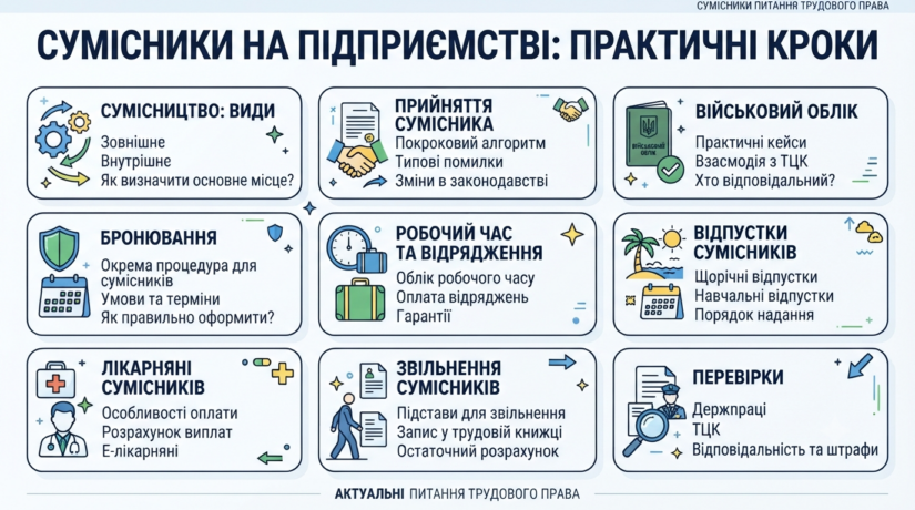 Сумісники на підприємстві 2026: види, споріднення, як визначити основне чи сумісництво, Прийняття сумісника, в тому числі внутрішнього, Бронювання сумісників: окрема тема, Військовий облік сумісників: практичні кейси, Відпустки, Лікарняні, Звільнення, Робочий час, Відрядження сумісників, Перевірки Держпраці та ТЦК щодо сумісників